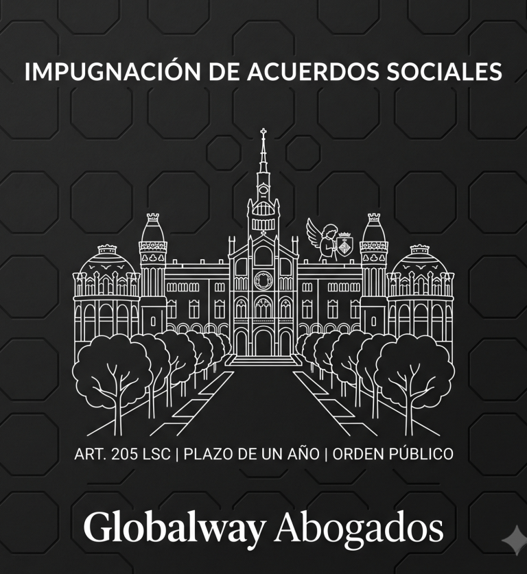 Impugnación de acuerdos sociales Icono blanco de la Avinguda Gaudí con la Sagrada Família sobre fondo negro, tarjeta sobre impugnación de acuerdos sociales de Globalway Abog