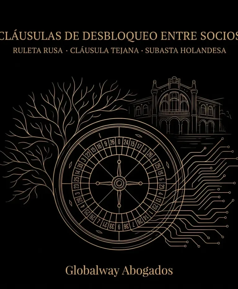 Clausulas de desbloqueo conflicto socios, ruelta rusa, tiro mejicano ... Ilustración en dorado sobre fondo negro de una ruleta de casino con la fachada del Casino de l'Aliança del Poblenou al fondo,