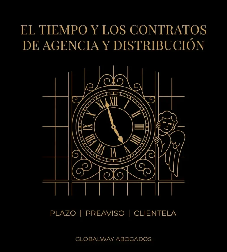 El tiempo y los contratos de agencia y distribución Bajo el titulo con letras doradas el tiempo y los contratos de agencia y distribución un reloj y un Ángel de la guard escondido tras él
