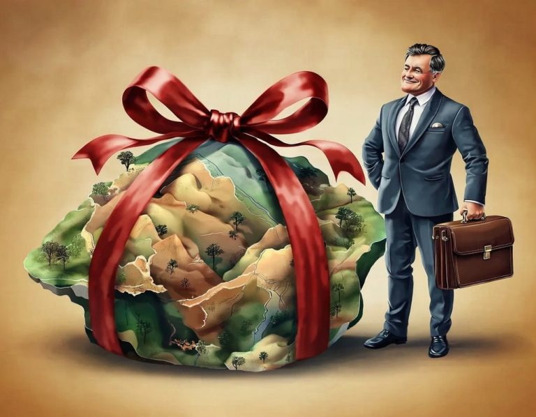 Hombre de negocios de pie junto a un gran regalo envuelto con un lazo rojo. El regalo es su territorio en exclusiva