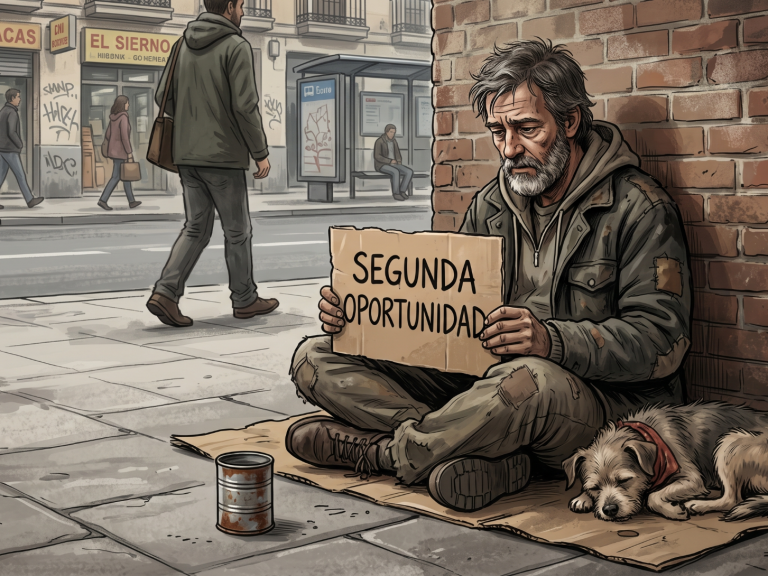 Hombre mayor sentado en la calle con perro, sosteniendo un cartel que dice "Segunda Oportunidad".