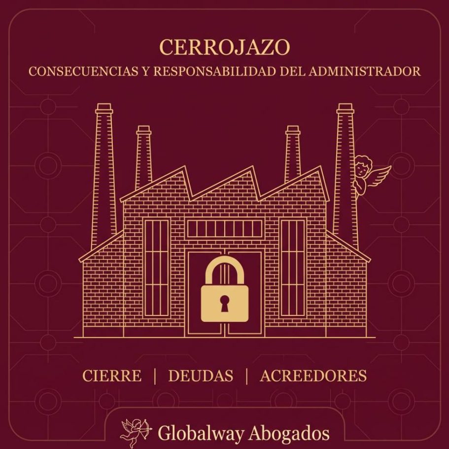 CERROJAZO CONSECUENCIAS Y RESPONSABILIDAD DEL ADMINSTRADOR Fabrica con lineas doradas y 4 chimemeas y un gran candado cerrdo en la puerta de entrada y un Ángel de la guarda jugando al escondite