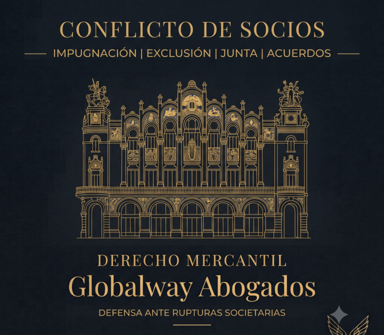Ilustración del Palau de la Música Catalana de Barcelona en dorado sobre fondo azul oscuro, con el texto "Conflicto de Socioderecho procesal