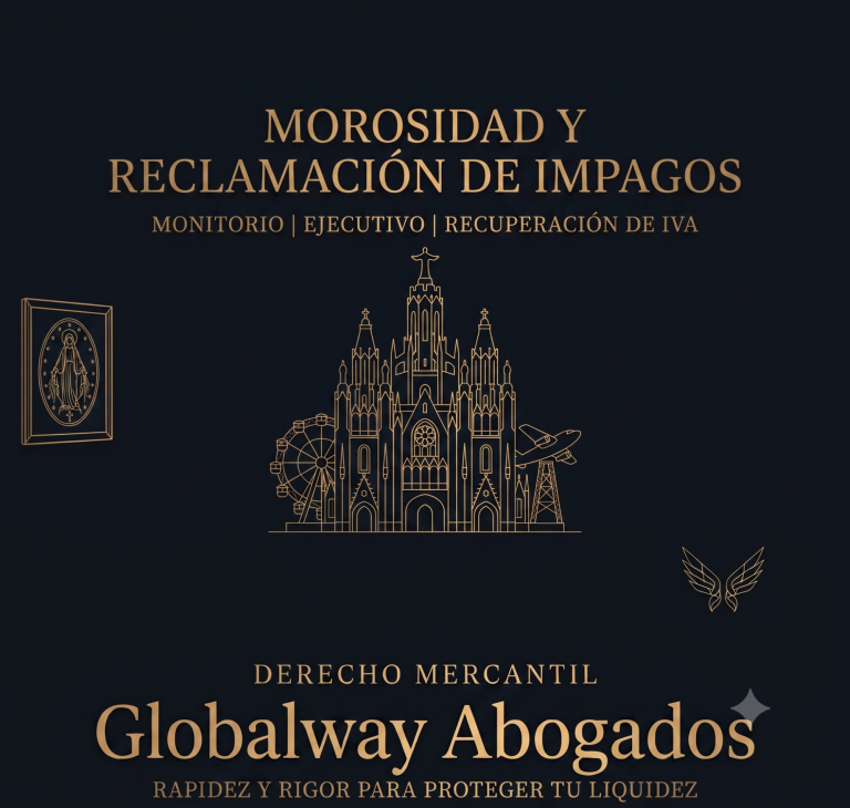 Ilustración del Tibidabo de Barcelona en dorado sobre fondo azul oscuro, con el texto "Morosidad y Reclamación de Impagos" arriba y "Globalw