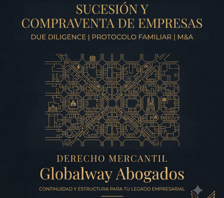 Ilustración de la trama urbana del Eixample de Barcelona en dorado sobre fondo azul oscuro, con el texto "Sucesión y Compraventa de empresas